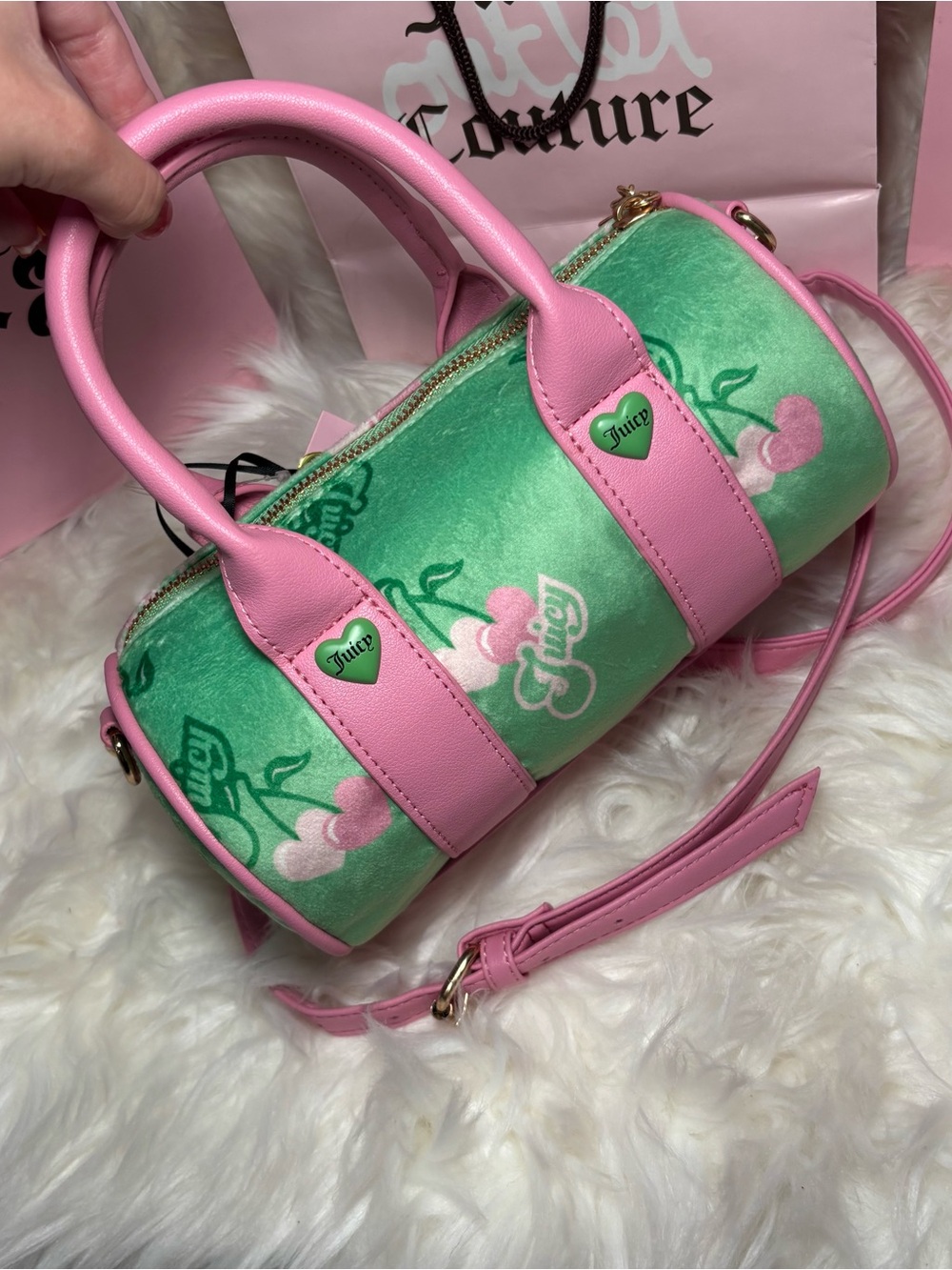 Juicy Couture Pink and Green Cherry Barrel Mini Bag